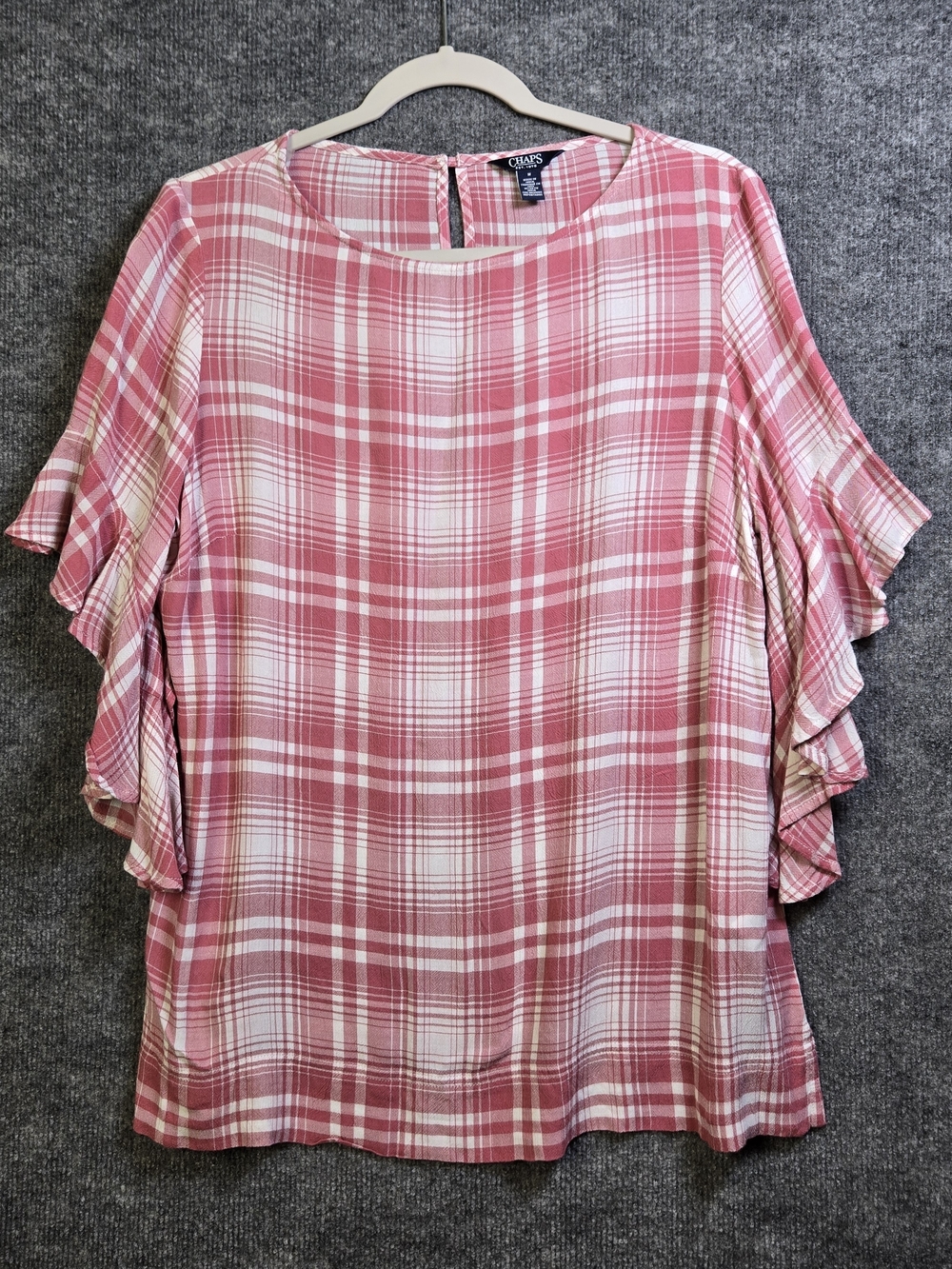 Chaps Top Womens M Pink Plaid Flannel Ruffle Angel Sleeve Boxy